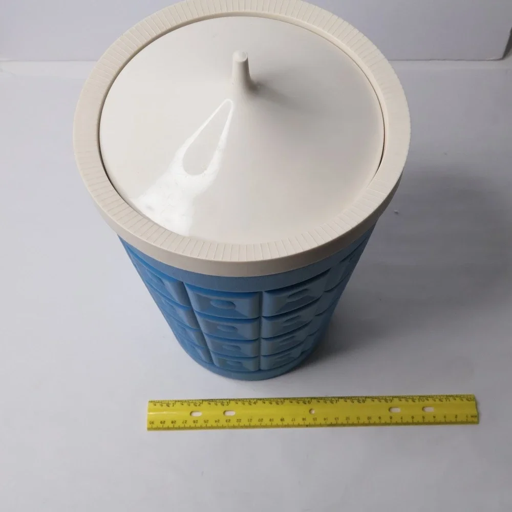 VTG Lustro Ware Blue Plastic Ice Bucket MCM Retro Geometric‎ Pattern w Lid SEE
